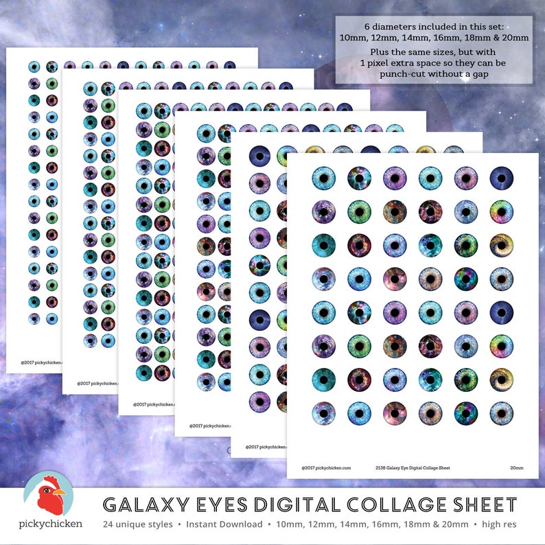 Digitalt collageark med ögon - Galax, rymd, stjärnor, astronomi, regnbåge, clipart - cirklar 10 mm, 12 mm, 14 mm, 16 mm, 18 mm, 20 mm, direkt nedladdning 2138 bild 2