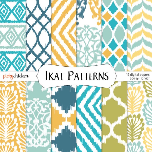 Ikat Digital Paper - tribal ethnic patterns yellow blue teal green photography backdrop Instant Download 8039