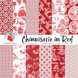Chinoiserie Digitales Papier, chinesische Muster, rot & weiß, Weihnachten, Valentine, Französisch, China, Asien, Sublimation, Decoupage 8107