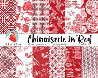 Chinoiserie Digital Paper, Chinese patterns, red & white, Christmas, Valentines, french, china, asia, sublimation, decoupage 8107