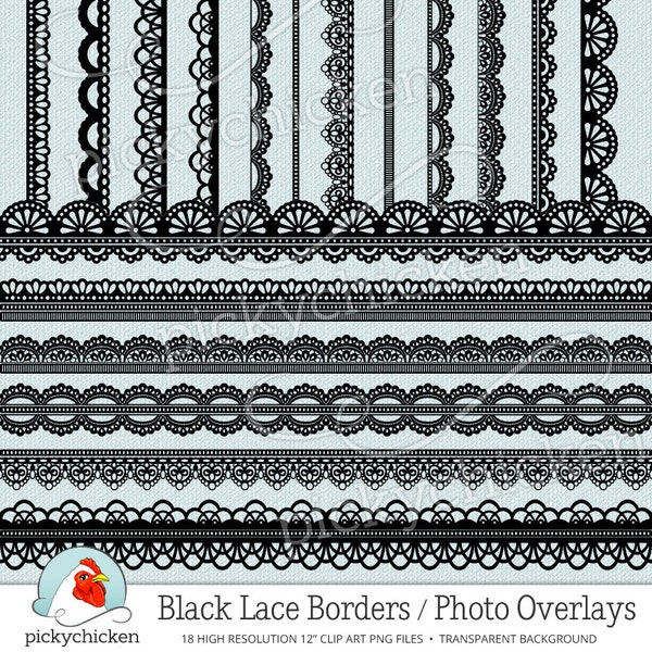 Digital Lace Borders - 18 black lace digital borders, photography overlays shabby chic wedding clip art, printable Instant Download 5022
