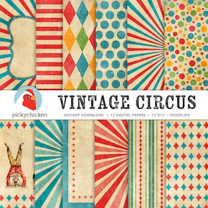 Circus Digital Paper - Vintage Zirkus Party, Karneval, Streifen, Diamanten, Giraffe, Elefant, Clown, Sunburst Fotografie 8082