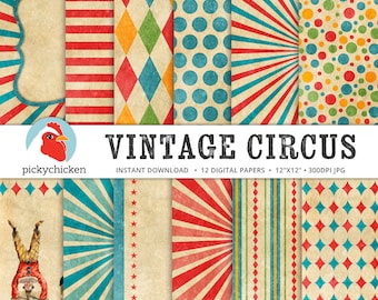 Circus Digital Paper - fête de cirque vintage, carnaval, rayures, diamants, girafe, éléphant, clown, toile de fond de photographie sunburst 8082