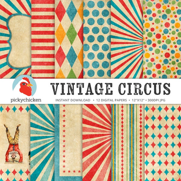 Circus Digital Paper - fête de cirque vintage, carnaval, rayures, diamants, girafe, éléphant, clown, toile de fond de photographie sunburst 8082