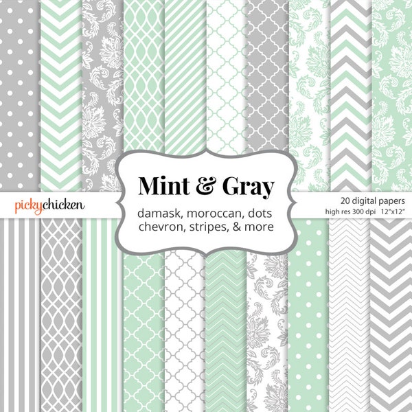 Mint & Gray Digital Paper - damask chevron digital paper polka dots moroccan photography backdrop Instant Download 8054