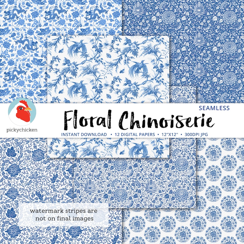 Chinoiserie Floral Digital Paper, seamless French flower patterns, blue and white, Chinese, sublimation decoupage photography backdrop 8114 image 3