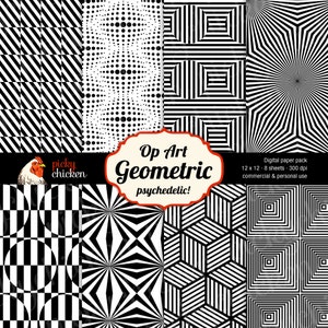 Géométrique Op Art - papier Scrapbook numérique moderne blanc psychédélique fond noir Instant Télécharger 8005
