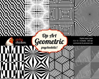 Geometric Op Art - Digital Scrapbook Paper modern black white psychedelic background Instant Download 8005