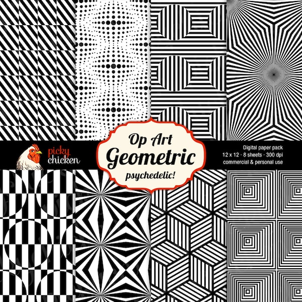 Geometric Op Art - Digital Scrapbook Paper modern black white psychedelic background Instant Download 8005