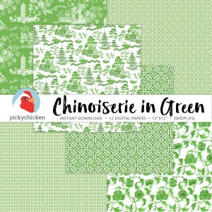 Chinoiserie Digital Paper, Chinese patterns, green & white paper, Christmas, Spring, Oriental, French, China photography backdrop 8108 image 3