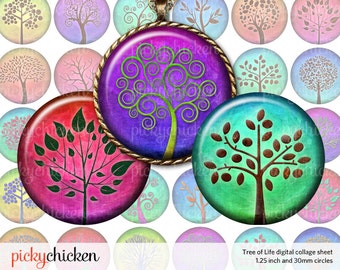 Baum des Lebens - 1,25 Zoll-Kreisen und 30mm Kreise Rainbow Magic Farbe Bäume digitale Collage Blatt - Instant Download-2126