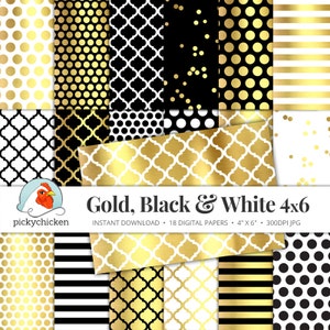 Gold Foil Digital Paper 4x6 Gold Black & White, gold glam dots stripes confetti moroccan faux gold printable invitation template 7006 image 1