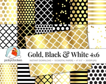 Gold Foil Digital Paper 4x6 - Gold Black & White, gold glam dots stripes confetti moroccan faux gold printable invitation template 7006