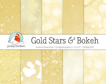 Gold Bokeh Stars Digital Paper - Bokeh Lights & Gold Stars Paper digital paper photography backdrop Instant Download 8071