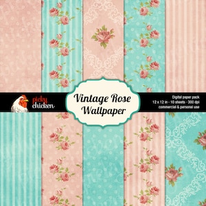 Vintage Rose Wallpaper - Digital Hintergrund Papier Scrapbook Floral Rosen Shabby Chic Antique französischen Fotografie Kulisse 8017