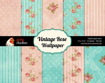 Vintage Rose Wallpaper - Digital Background Paper Scrapbook Floral Roses Shabby Chic Antique French photography backdrop 8017