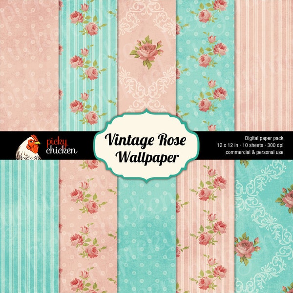 Vintage Rose Wallpaper - Digital Background Paper Scrapbook Floral Roses Shabby Chic Antique French photography backdrop 8017