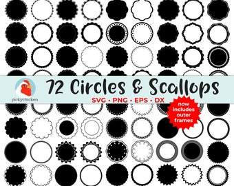 Cerchi SVG fotogramma - 72 Eps PNG DXF - file tagliati cricut clip art vettoriale bordi scallops etichette etichette tondo nero 5012