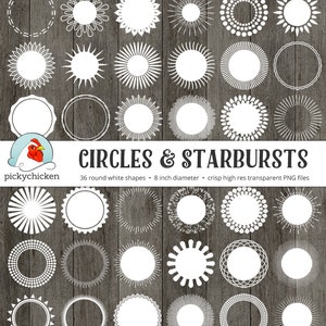 Circles & Starbursts round clip art - 36 white digital borders frames tags leaf floral circular clipart sunburst Instant Download 5029