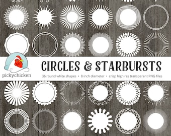 Circles & Starbursts round clip art - 36 white digital borders frames tags leaf floral circular clipart sunburst Instant Download 5029