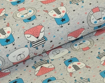 20,00 EUR/meter - Summer Sweat - Cute Animals - Fox Lion Reindeer Bear - Grey Melted, Pink, Blue - Miss of Julie - Children's Fabric