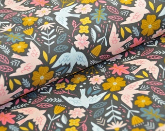 Baby-Cord Folklore - flowers and birds - dunkelblau - 0,5m