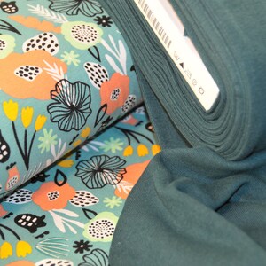 Puede incluir: Un rollo de tela de color verde azulado con estampado floral que presenta flores rosas, amarillas y blancas sobre un fondo azul claro.