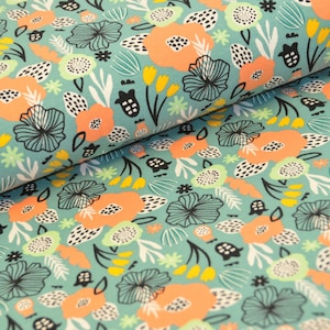 Puede incluir: Tela turquesa con un patr&oacute;n repetitivo de flores estilizadas en tonos melocot&oacute;n, blanco y amarillo. El fondo es de color turquesa claro.