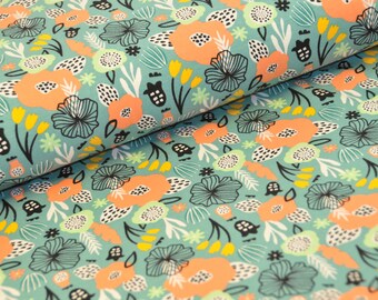 11,50 EUR/m - Jersey Blumen - blau - türkis / mint - peach - passende Kombi-Stoffe verfügbar
