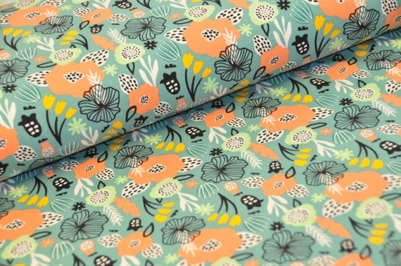 11,50 EUR/m - Jersey Blumen - blau - türkis / mint - peach - passende Kombi-Stoffe verfügbar