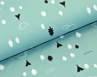 20,00 EUR/m - Bio-Jersey Wildnis - Tipis im Wald - schwarz weiß türkis - Lillestoff - minimalistisch, geometrsich - toller Stoff für Jungs