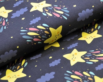 17,00 EUR/m - Jersey süße Sternchen - schwarz - Fräulein von Julie - Regentropfen - Wolken - Pastellfarben - Sterne - Kinderstoff