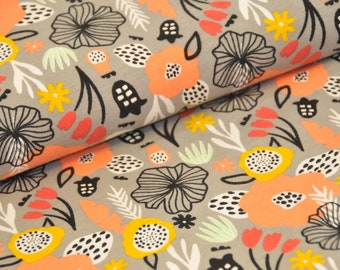 11,50 EUR/m - Jersey Blumen - grau - peach - bunt