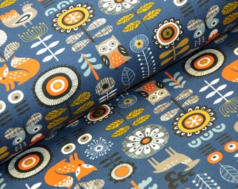 19,00 EUR/m - Sommersweat - Füchse, Eule, Rehe - French Terry - blau - Fräulein von Julie - Waldtiere, retro, scandi, folklore