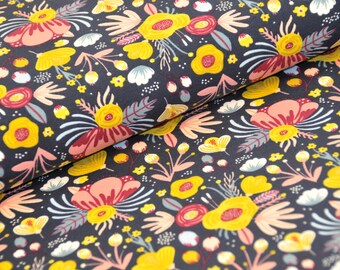 12,50 EUR/m - Jersey - Blumen - dunkelblau - Blümchen in gelb, rosa, Beere, fuchsia
