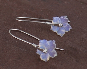 Glass Flower Earrings, Silver Dangle Earrings, Opalized Flower Earrings, Sterling Silver Earrings, Artisan Earrings, Silver Flower Earrings