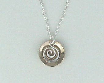 Sterling Silver Pendant, Silver Spiral Pendant, Handmade Pendant, Mixed Metal Pendant, Disk Pendant, Jayelay Jewelers, Made in USA