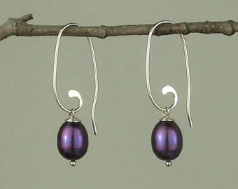 Spiral Dangle Earrings, Womens Silver Earrings, Purple Freshwater Pearl, Drop Earrings, Handmade in USA, Jayelay Jewelers, June birthday