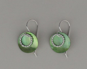 Women's Silver Earring, Green Shell Earrings, Disk Earring, Twisted Circle Earring, Sterling Silver Earrings, Silver Earrings, Made in USA