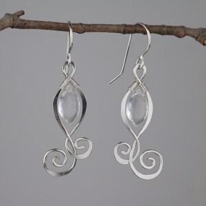 Sterling Silver Earrings, Spiral Earrings, Quartz Earrings, Silver Dangle Earrings, April Birthstone, Marquise Earrings, Silver Earrings