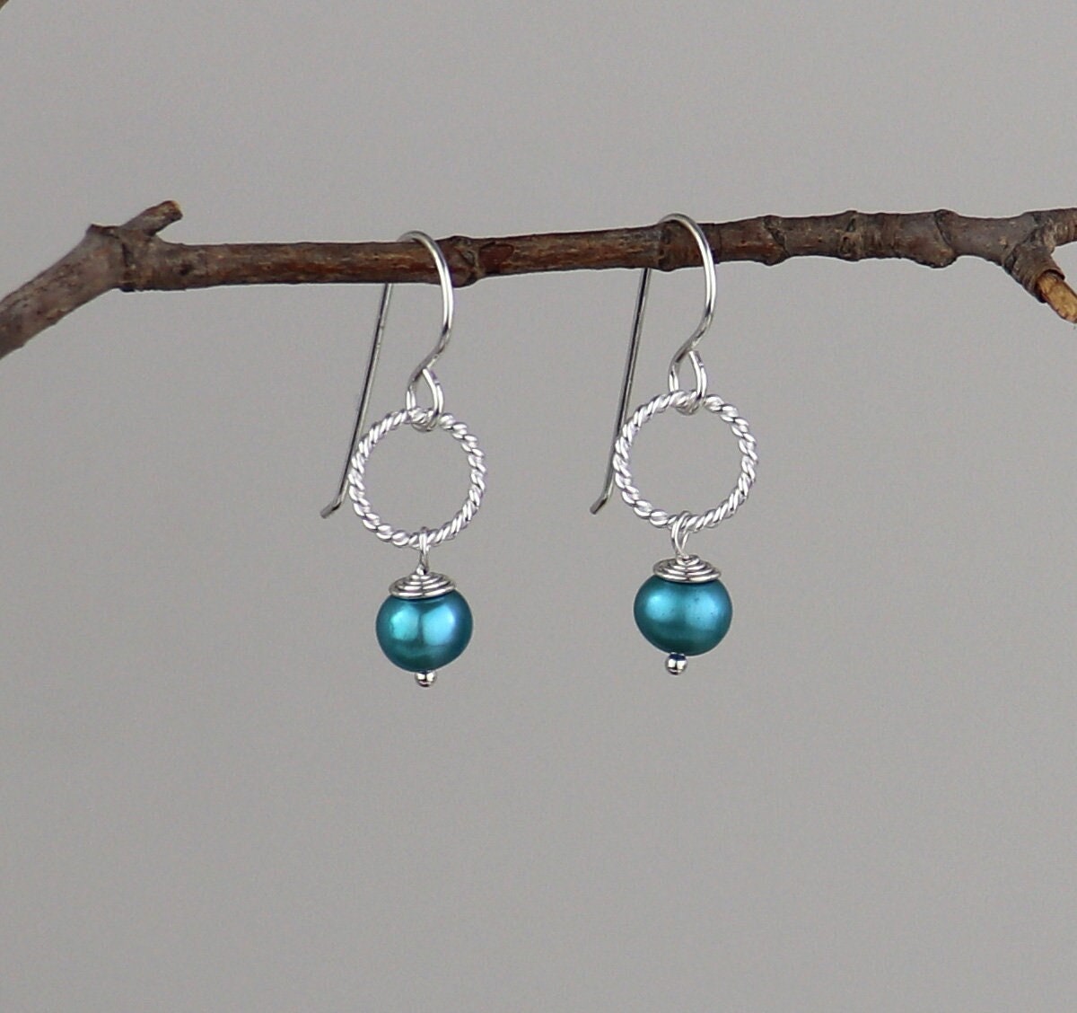 Pearl Earrings, Silver Dangle Earrings, Sterling Silver Hoop, Aqua Blue Freshwater Pearl, Jayelay Jewelers, June Birthday, June Birthstone