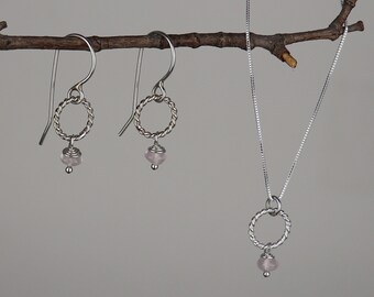 Pink Chalcedony Earrings, Pink Chalcedony Pendant, Silver Dangle Earrings, Sterling Silver Pendant, 18 inch chain