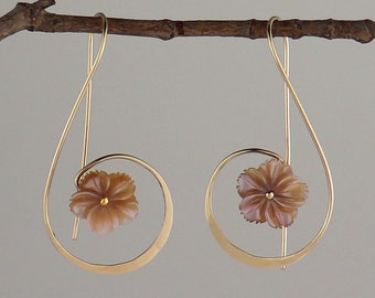 Gold Dangle Earrings, Gold Drop Earrings, Mother of Pearl, Gold Filled Earrings, Drop Earrings, G Clef Earrings, Pink Gold Flower, USA made