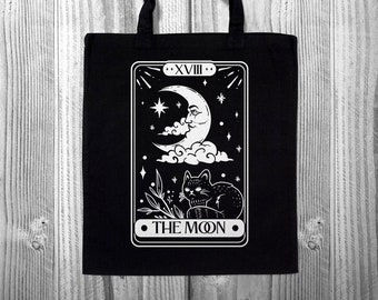 Moon Tarot Card Tote – Witchy Black Cotton Bag – Crystal & Spell Book Holder – Vinyl Design – Witchcraft Gift – Handmade Goth Tote