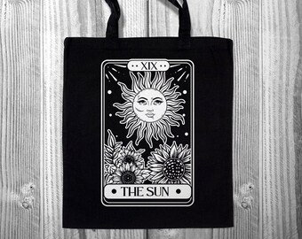 Sun Tarot Card Tote – Witchy Cotton Tote Bag – Crystal & Spell Book Holder – Spiritual Vinyl Design – Occult Gift – Handmade Goth Tote