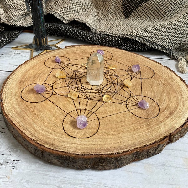 Wooden Crystal Grid Board // Large Metatron's Cube Crystal Grid Hand burnt wood log slice