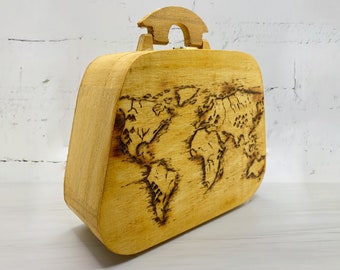 Wanderlust World Map Traveller Hand-burnt Wooden Suitcase Box - Wanderlust Illustration Memories