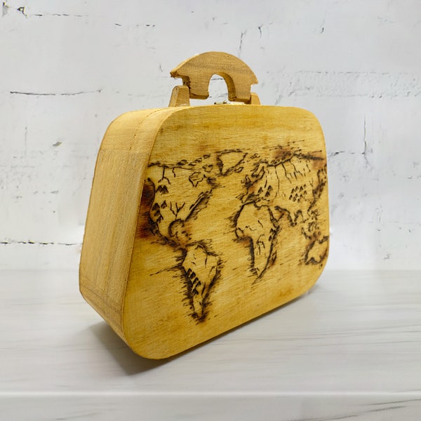 Wanderlust World Map Traveller Hand-burnt Wooden Suitcase Box - Wanderlust Illustration Memories