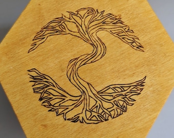 Tree of Life - Original Hand-Burnt Wooden Hexagon Box