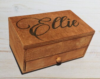 Personalised Hand Burnt Wooden jewellery box - personalized with your chosen name